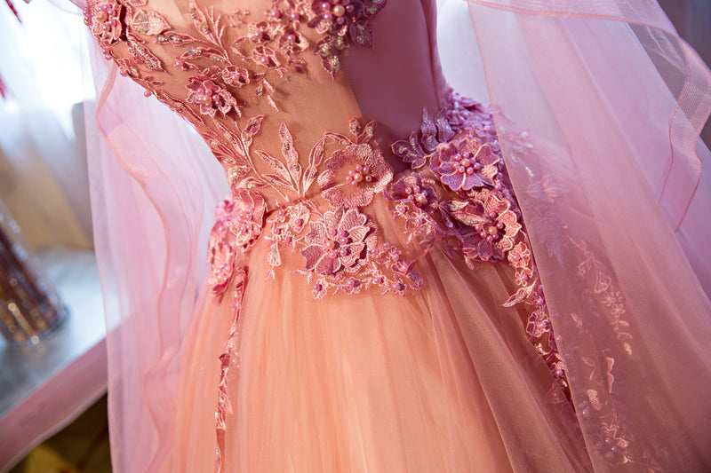 Pink v neck tulle lace ball gown formal dress  8240