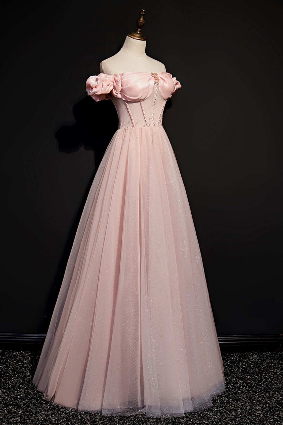 Robe de soirée longue en tulle rose avec ligne A 8693