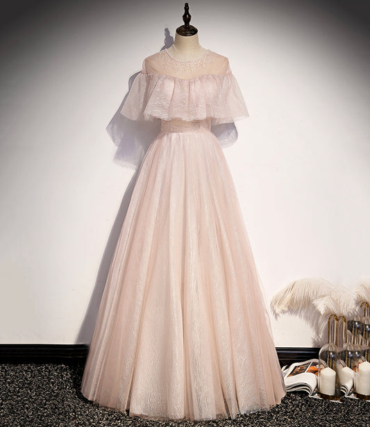 Pink tulle long A line prom dress pink evening dress  8707
