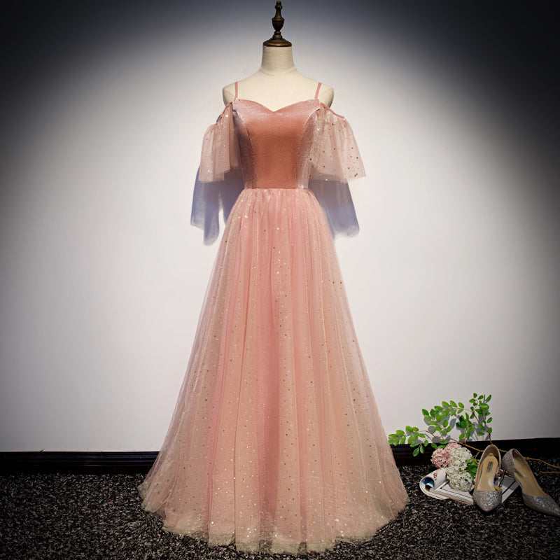 Robe de bal longue en tulle velours rose, robe de soirée rose 10079