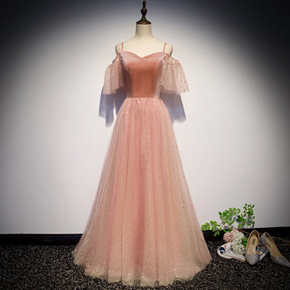 Robe de bal longue en tulle velours rose, robe de soirée rose 10079