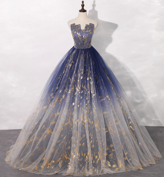 Blue tulle long prom gown blue evening dress  8462