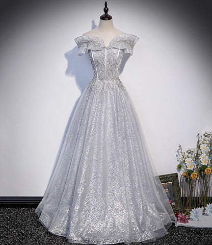 Langes Ballkleid aus grauer Tüllspitze A-Linie Abendkleid 10406
