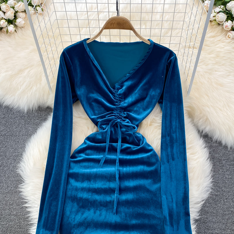 Sexy Langarm-Kleid aus Samt mit V-Ausschnitt Modekleid 10864 