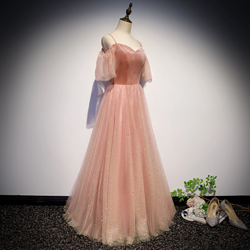 Robe de bal longue en tulle velours rose, robe de soirée rose 10079