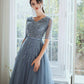 Langes Ballkleid aus blauem Tüll mit Perlen A-Linie Abendkleid 10333