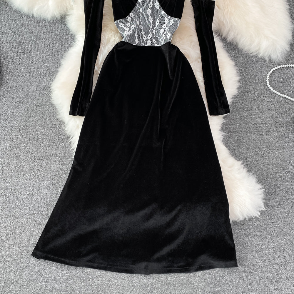 Schwarzer Samt-Strapsrock im Hepburn-Stil, Design Sense, Abendkleid, Rock 10999