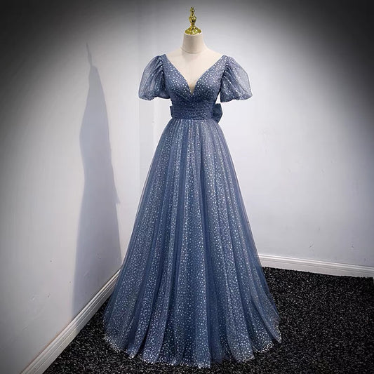Blue v neck tulle long prom dress blue evening dress  8957