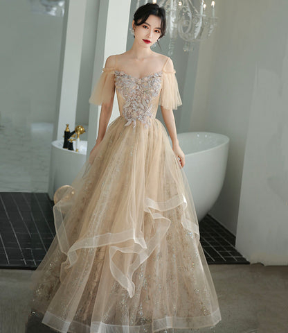 Robe de soirée longue en tulle et dentelle champagne Robe de soirée trapèze 10339
