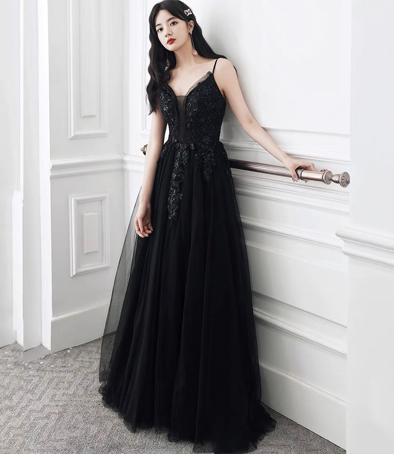 Black tulle sequins long prom dress evening dress  10391