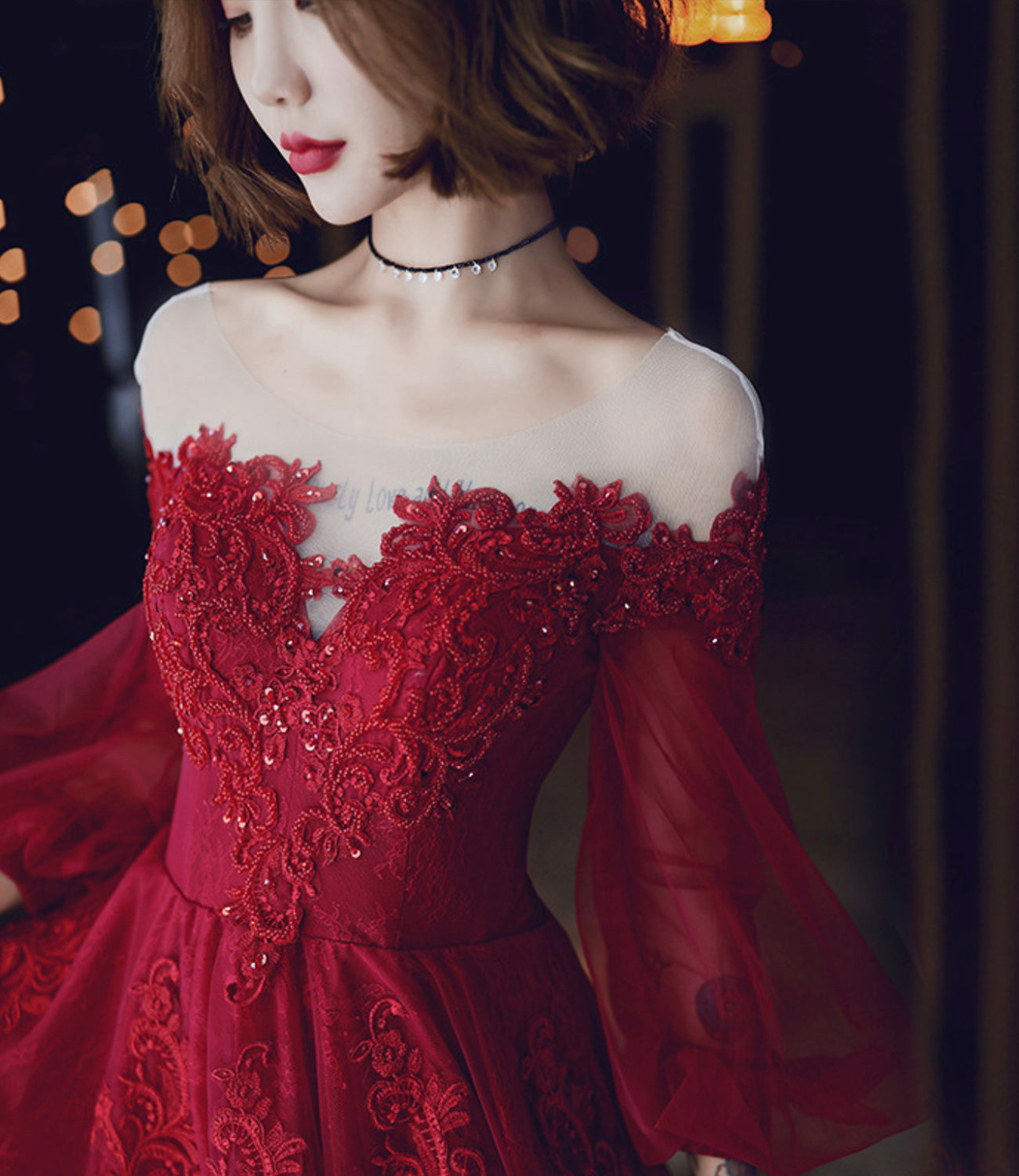 Langes Ballkleid aus bordeauxroter Spitze Abendkleid in A-Linie 10213