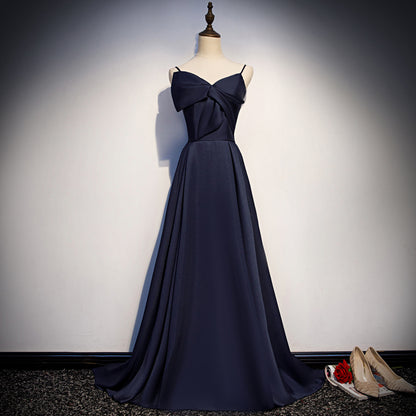 Robe de bal longue en satin bleu foncé, robe de soirée simple 8074