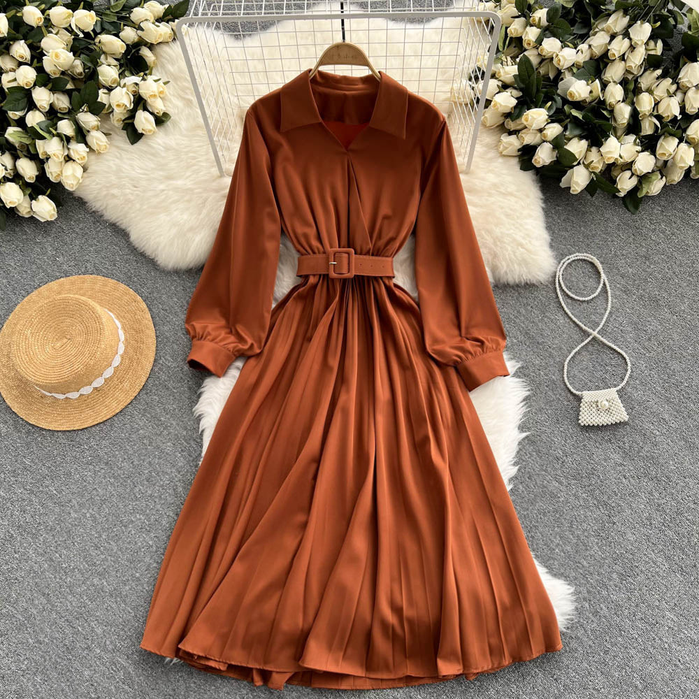 Einfaches Langarmkleid mit V-Ausschnitt A-Linie Modekleid 10946