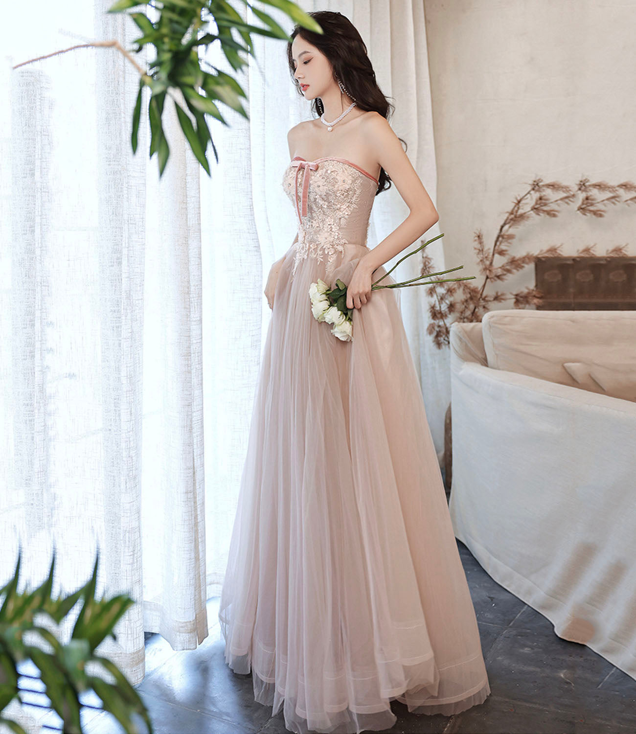 Rosa langes Ballkleid aus Tüllspitze Rosa Abendkleid 10628