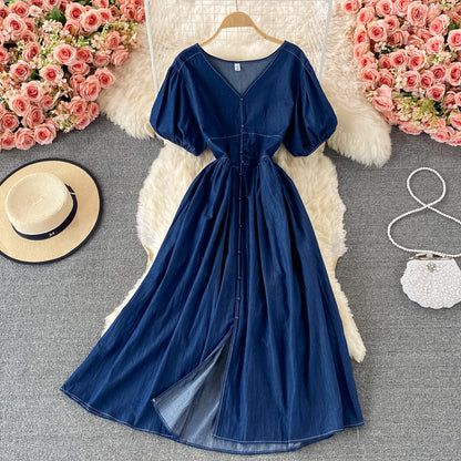 Robe en jean simple à décolleté en V Robe trapèze tendance 10836