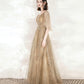 Champagne tulle sequins long prom dress A line evening dress  10548