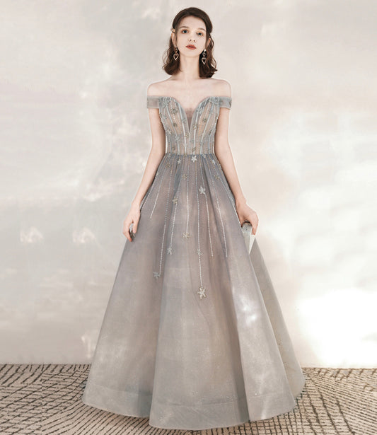 Gray tulle sequins long prom dress with star  10545