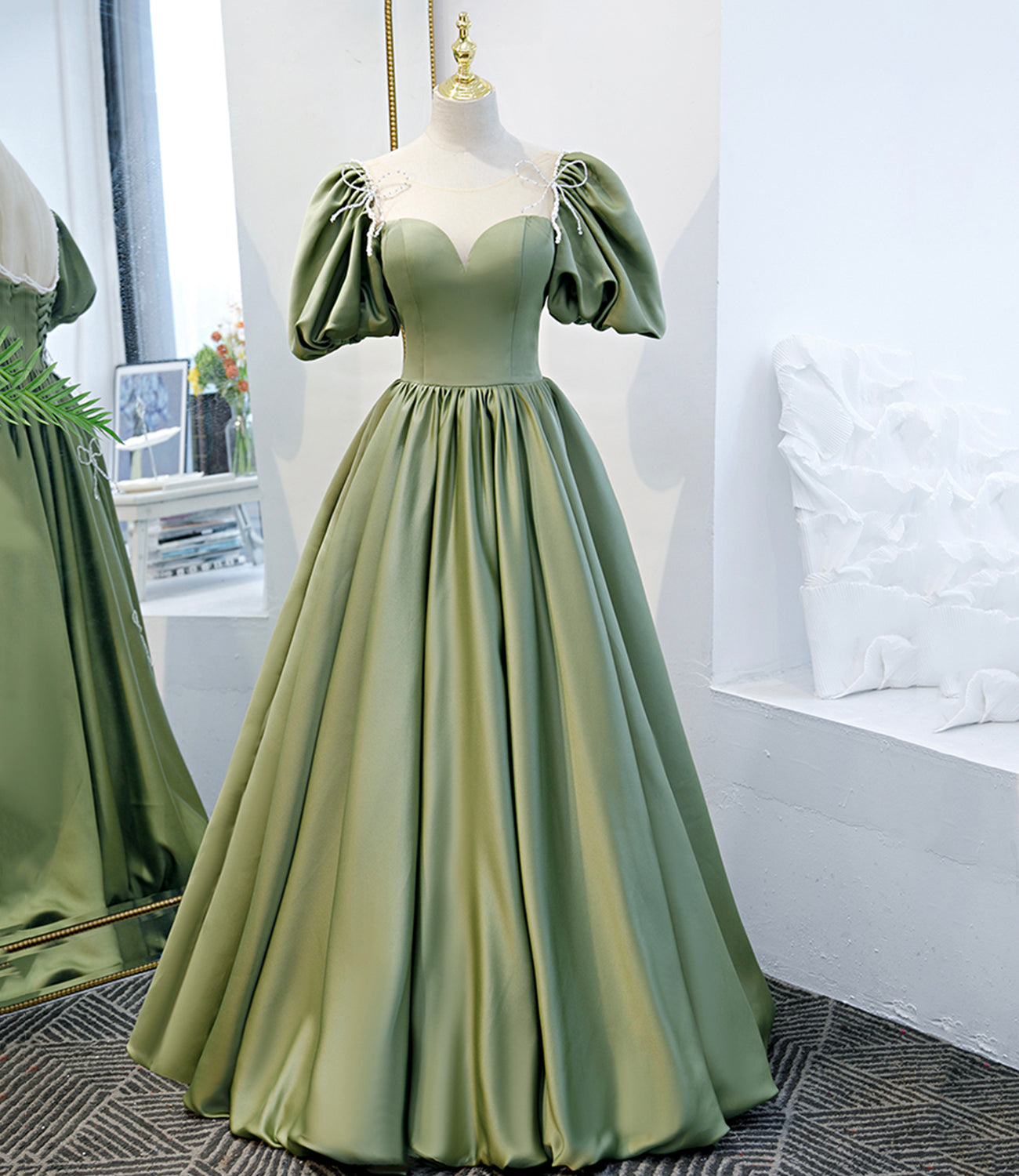 Grünes Satin langes A-Linie Ballkleid Abendkleid 8745
