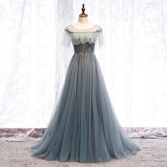 Gray tulle long ball gown dress evening dress  8317