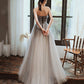 Gray tulle sequins long prom dress A line evening gown  10376