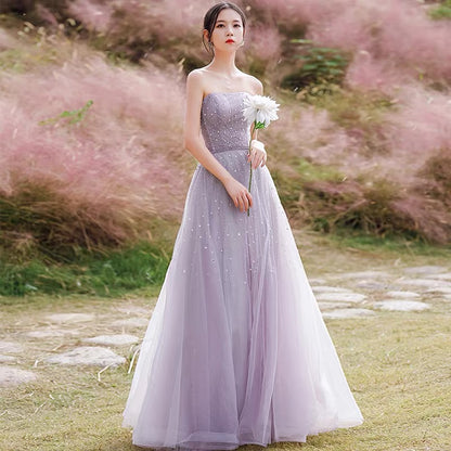 Purple tulle beads long prom dress A ine evening gown  10209