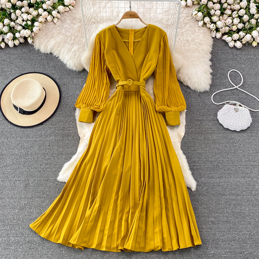 Elegantes Langarmkleid mit V-Ausschnitt A-Linie Modekleid 10913