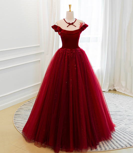 Burgunder Samt Tüll langes Ballkleid A-Linie Abendkleid 10580