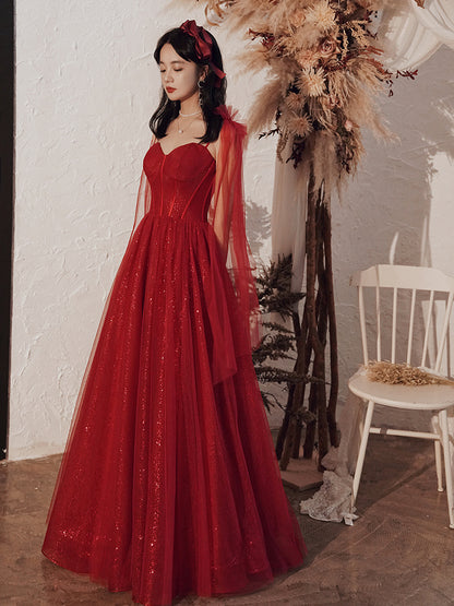Burgundy Color Shiny Elegant Spaghetti Strap Long Tulle Sequin Ball Gown Evening Dress 8263
