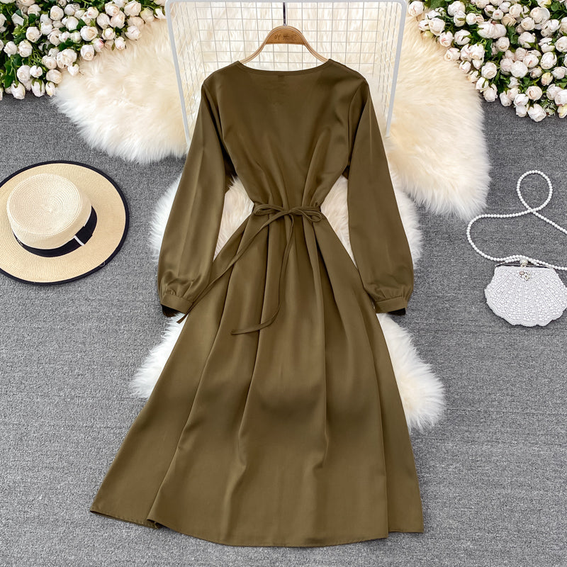 Simple V Neck Long Sleeve Dress Fashion Dress  10874