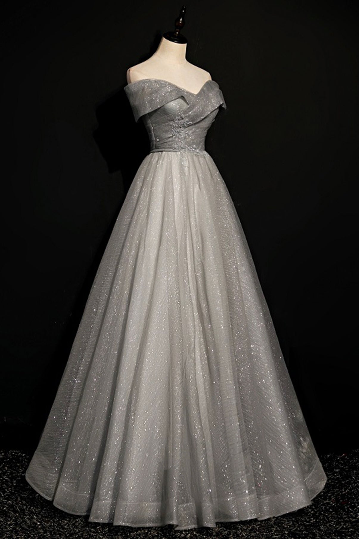 Robe de soirée longue en tulle gris à paillettes 8701