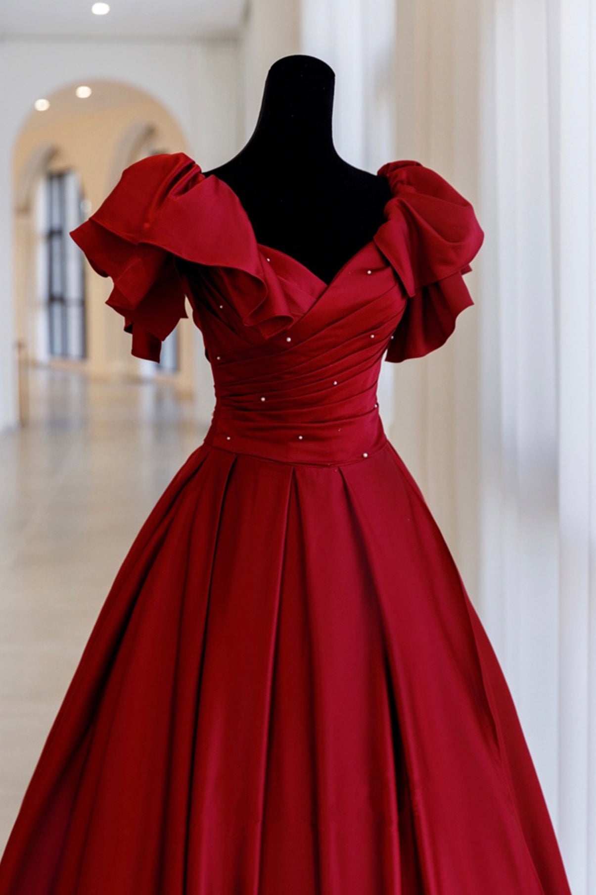 Burgunderrotes Vintage-Mode-Abendkleid mit exquisiter Perlenverzierung in A-Linie und langem Satin-Ballkleid 8720