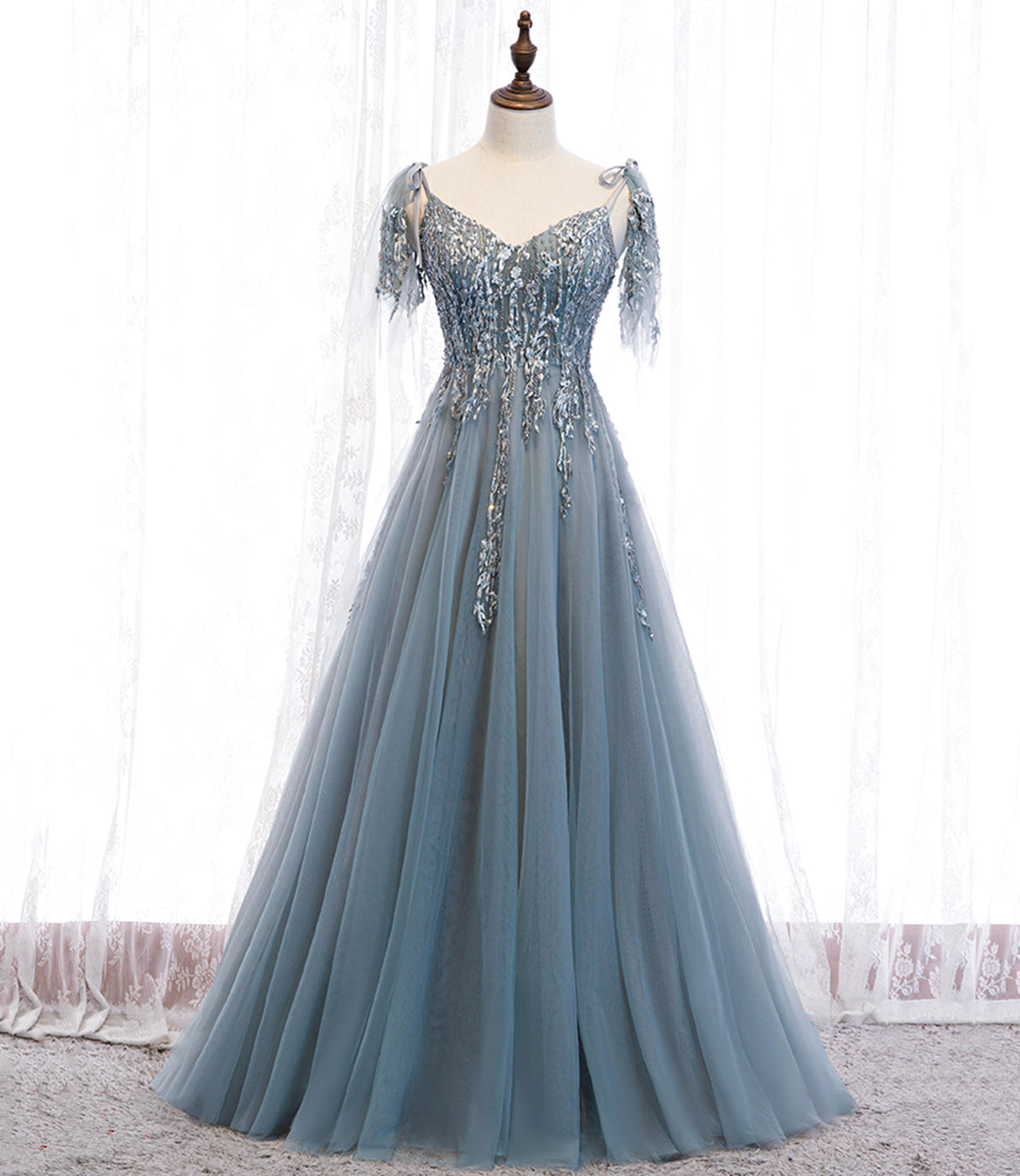 Blaues langes Ballkleid aus Tüllspitze blaues Abendkleid 10356