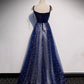 Langes Ballkleid aus blauem Samt-Tüll Abendkleid in A-Linie 10515