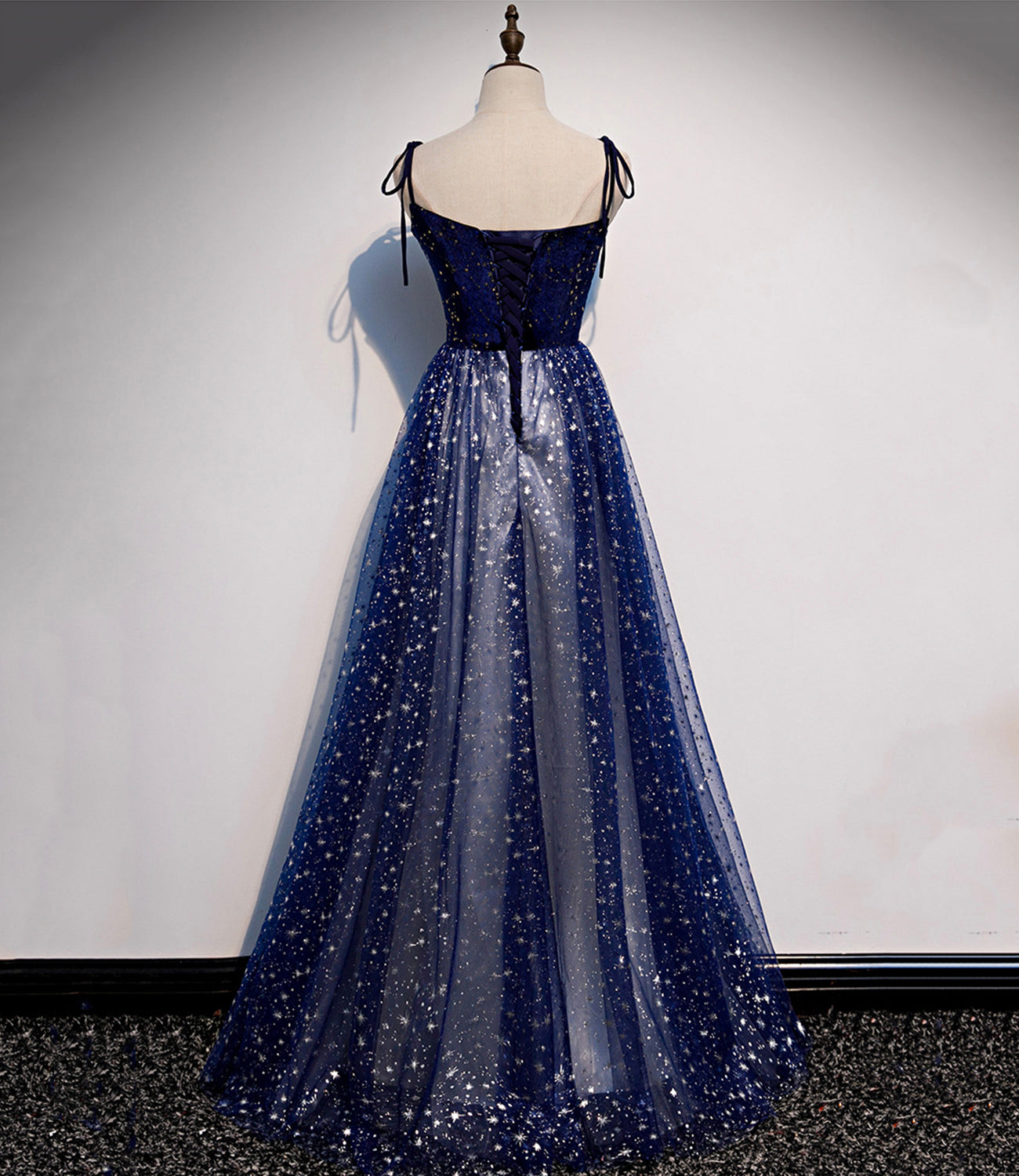 Langes Ballkleid aus blauem Samt-Tüll Abendkleid in A-Linie 10515