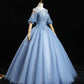 Blue tulle lace long prom dress A line evening dress  10457