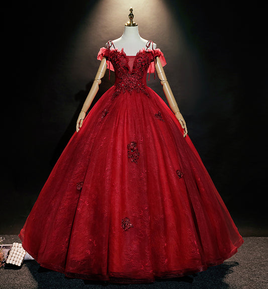 Burgundy lace long ball gown dress formal dress  8618