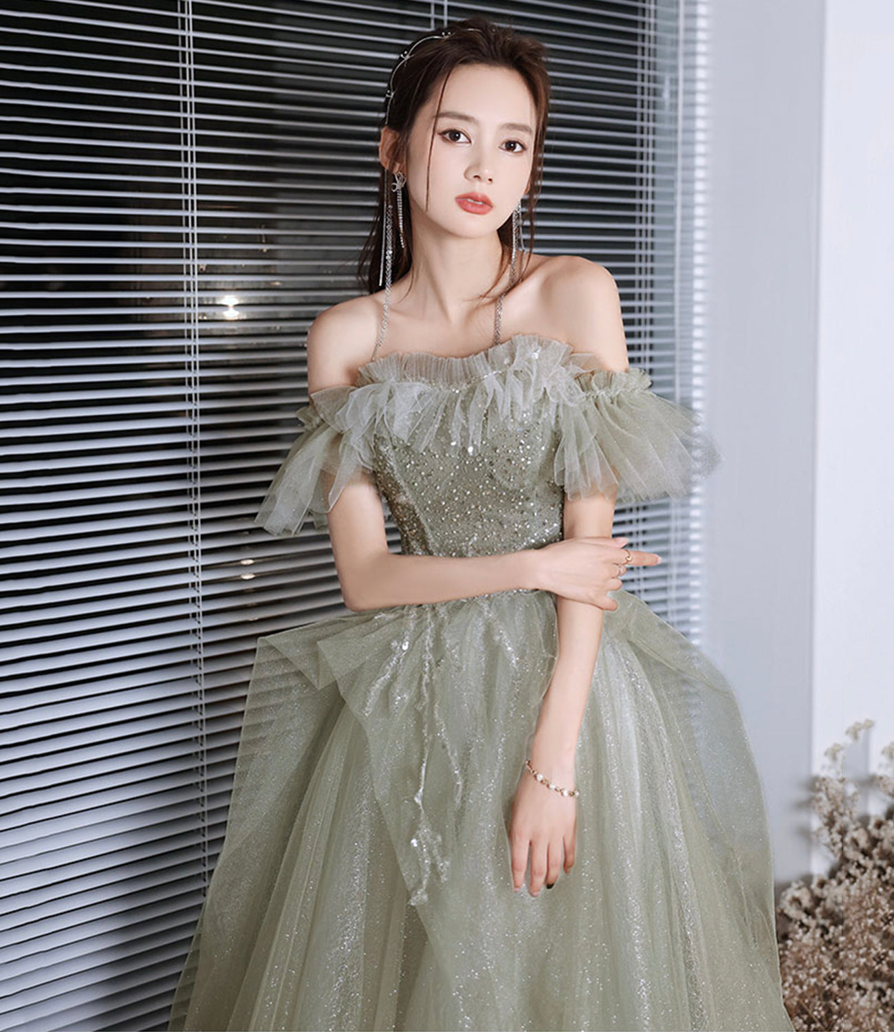 Green tulle sequins long prom dress A line evening dress  10225
