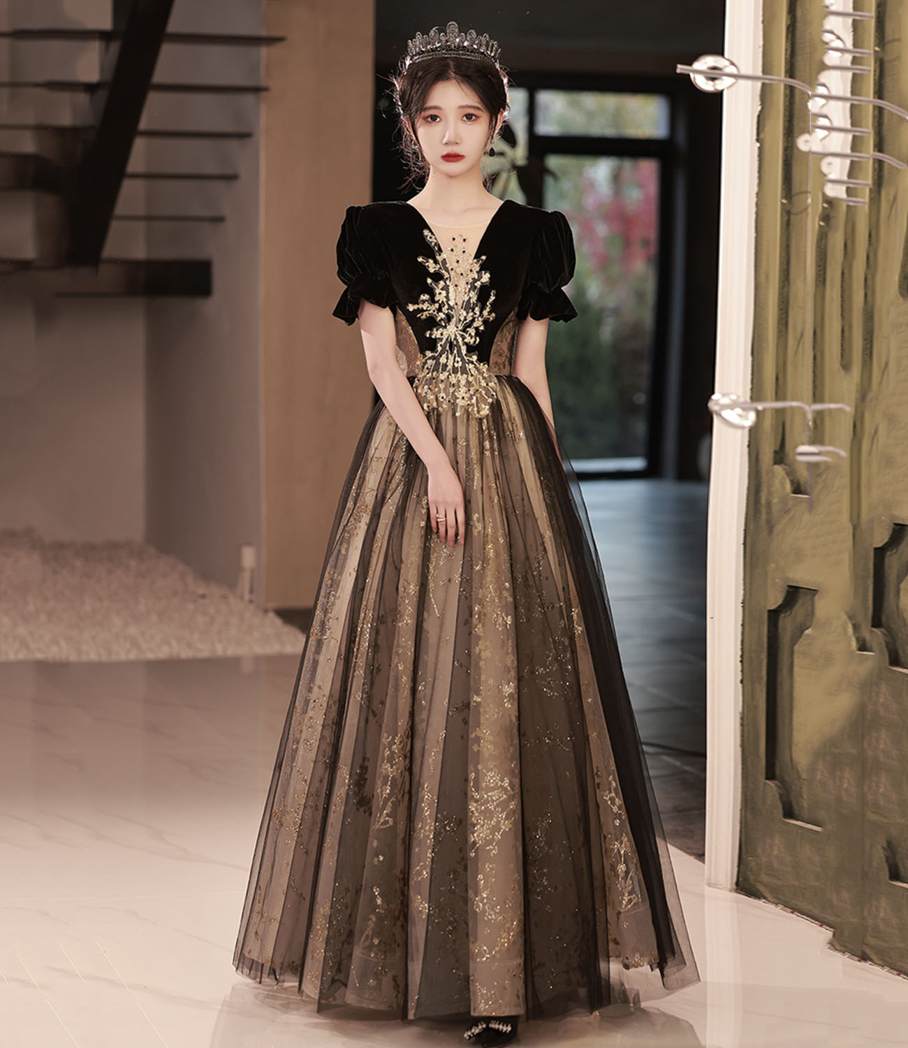 Langes Ballkleid aus schwarzem Tüll mit Pailletten A-Linie Abendkleid 10441