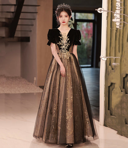 Langes Ballkleid aus schwarzem Tüll mit Pailletten A-Linie Abendkleid 10441