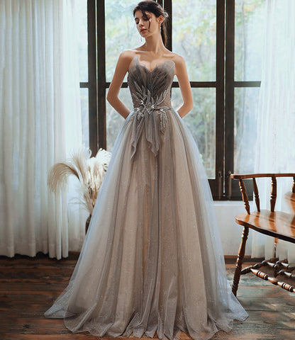 Gray tulle sequins long prom dress A line evening gown  10376