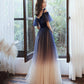 Langes Ballkleid aus blauem Samt-Tüll Abendkleid in A-Linie 10365
