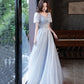 Cute tulle beads long prom dress blue evening dress  10596