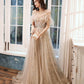 Robe de soirée longue en tulle à paillettes champagne 10390