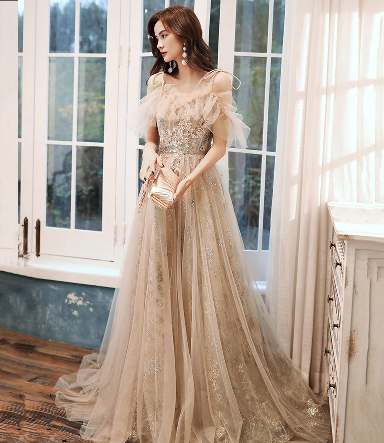 Robe de soirée longue en tulle à paillettes champagne 10390