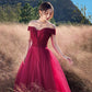 Robe de soirée longue en tulle rouge avec perles 10307
