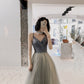 Gray tulle beads long prom dress A line evening dress  10514