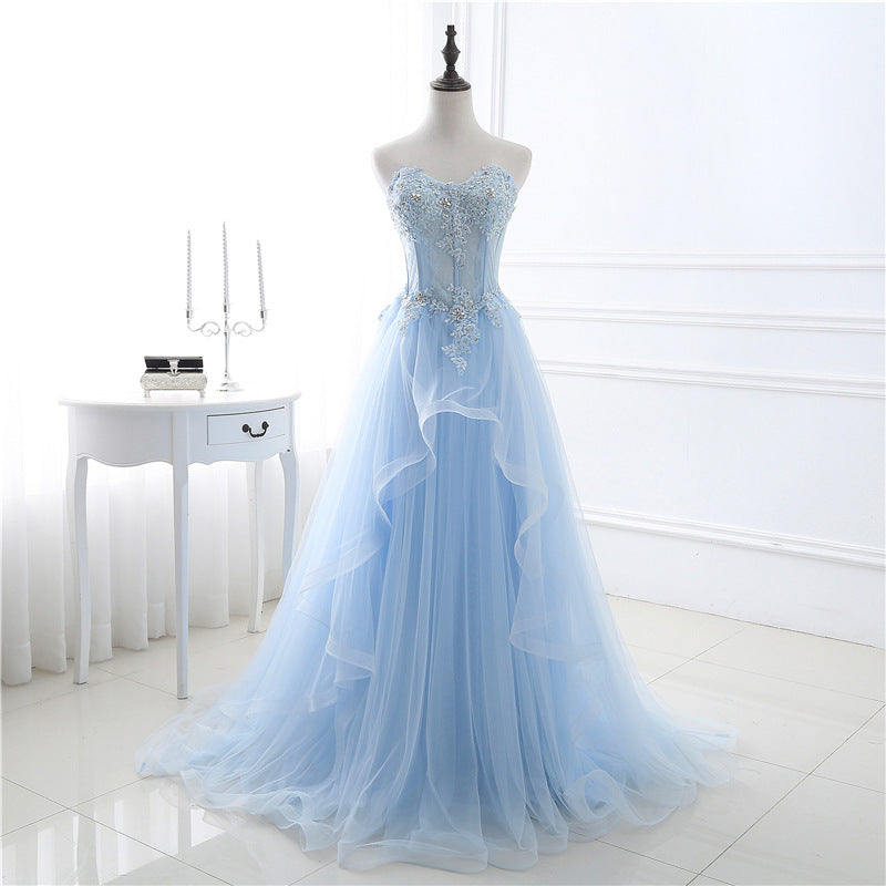 Blaues langes Ballkleid aus Tüllspitze, blaues Spitzenabendkleid 8039