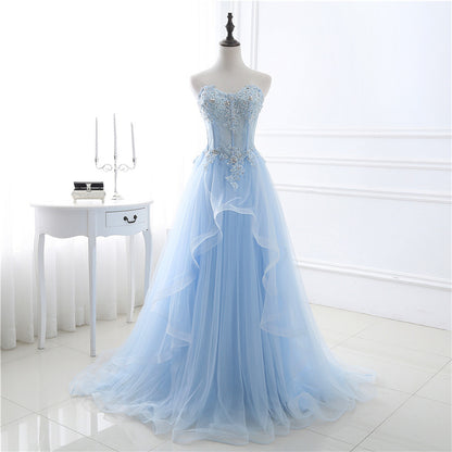Blaues langes Ballkleid aus Tüllspitze, blaues Spitzenabendkleid 8039