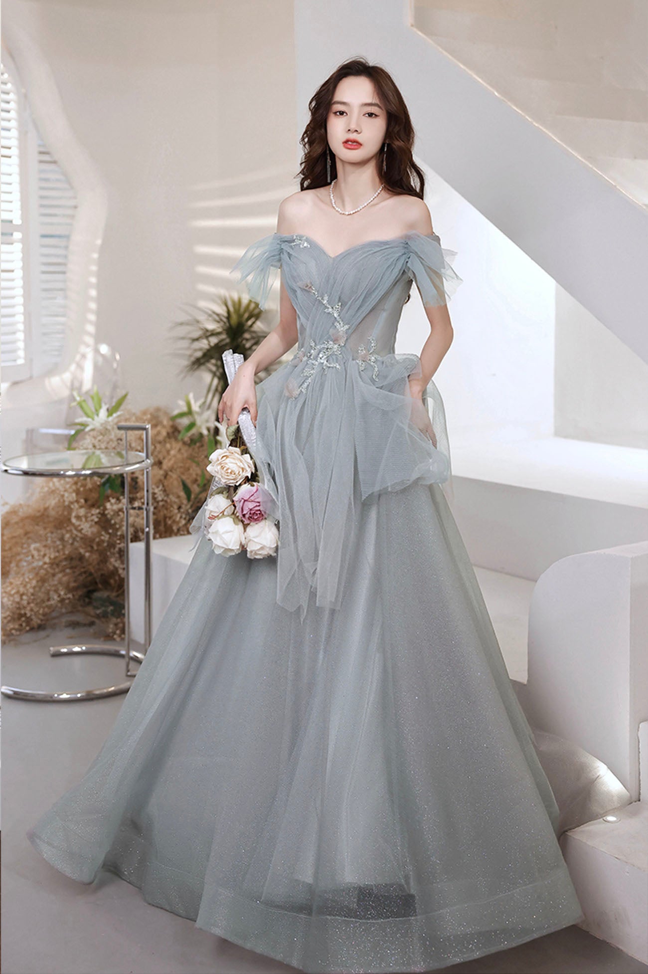 Gray tulle sequins long prom dress A line evening dress  10646