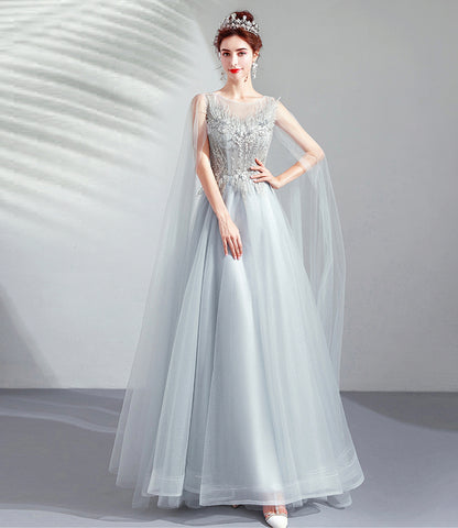Robe de soirée longue en tulle et dentelle grise Robe de soirée trapèze 10509